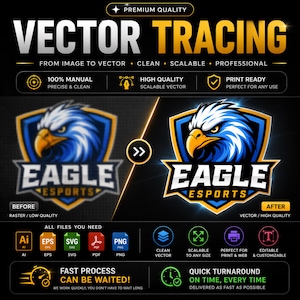 Könnte beinhalten: Werbung für Vektorisierungsdienste. Das Bild zeigt einen Vorher-Nachher-Vergleich eines Logos, der die Umwandlung von Raster in Vektor hervorhebt. Der Text enthält "Vector Tracing", "100% Manual" und "Print Ready".