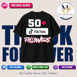 May include: Black t-shirt with the text "50+ TikTok Followers". The TikTok logo is featured below the number, with the word "Followers" in a pink and white font. The shirt also has the text "Real Follower" and "Safe & Secure".