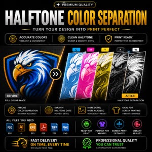 May include: An infographic demonstrating halftone colour separation for printing. It shows a before and after comparison of a full-colour eagle design, with the separation process highlighted in cyan, magenta, yellow, black, and white. Text includes "Accurate Colours" and "Print Ready."
