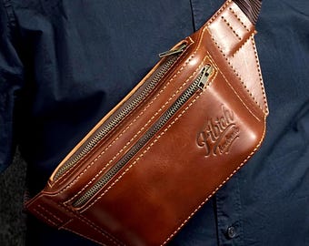 Leder Bauchtasche Herren Damen, Crossbody Bag Whiskey Braun, Handgemachte Gürteltasche aus Buttero Leder, Sling Bag YKK, Geschenk