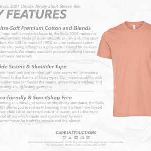 May include: A peach-colored Bella+Canvas 3001 unisex short sleeve t-shirt. The shirt is made of ultra-soft premium cotton and blends, with side seams and shoulder tape for a tailored fit. The tee is eco-friendly and sweatshop-free.
