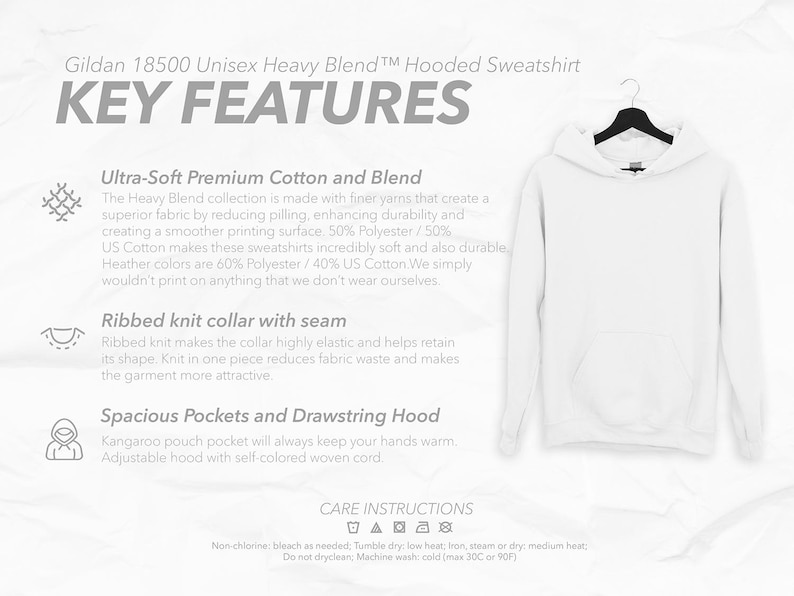 May include: A white Gildan 18500 Unisex Heavy Blend hooded sweatshirt hanging on a black hanger. The sweatshirt features a ribbed knit collar, spacious pockets, and a drawstring hood. The text on the image highlights key features and care instructions.