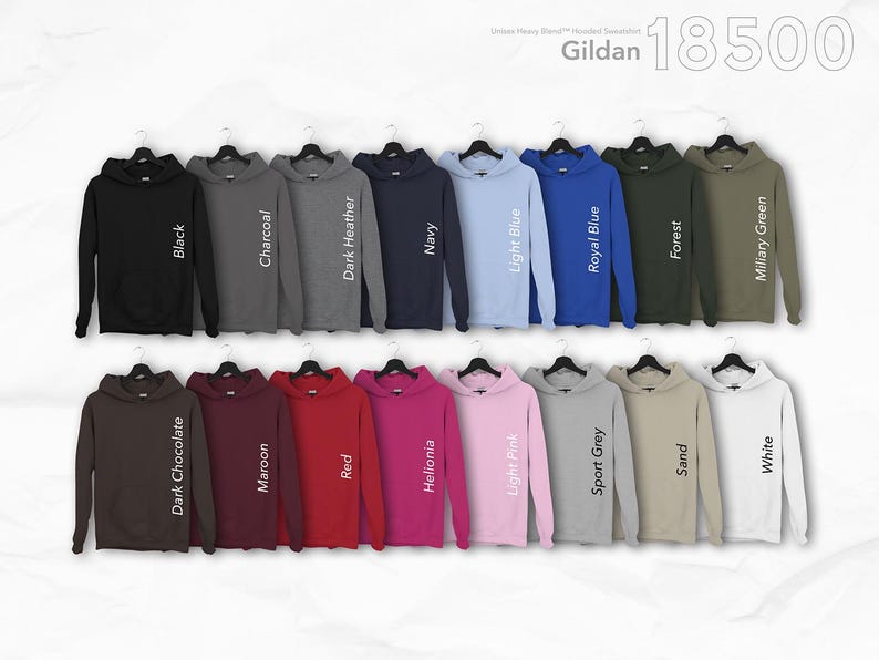 May include: A collection of Gildan 18500 hooded sweatshirts in various colors, including black, charcoal, navy, light blue, and forest green. Each sweatshirt is displayed on a hanger, showcasing the different hues available.