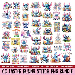 May include: A collection of 60 PNG images featuring Stitch from Lilo & Stitch in various Easter-themed designs. Stitch is depicted with bunny ears, Easter eggs, and baskets, with text like "Happy Easter" and "Hunny Bunny".