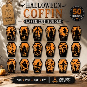 Op de afbeelding: Een digitaal ontwerppakket met 50 Halloween-doodskistvormige lasersnijpatronen. Elke kist toont zwarte silhouetten van griezelige scènes zoals heksen, geesten, pompoenen en begraafplaatsen op een oranje achtergrond. Tekst bevat HALLOWEEN COFFIN LASER CUT BUNDLE en SVG PNG DXF EPS.