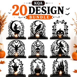 May include: A digital collection of 20 Halloween-themed laser-cut designs featuring black silhouettes of witches, pumpkins, bats, skulls, ghosts, and haunted castles, each set on a rectangular base with a small glowing candle light.