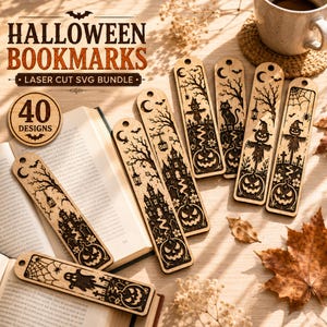 May include: A collection of rectangular wooden bookmarks featuring laser-cut Halloween designs including pumpkins, haunted houses, scarecrows, cats, and bats. The text HALLOWEEN BOOKMARKS LASER CUT SVG BUNDLE 40 DESIGNS is visible. Each bookmark has a hole at the top.