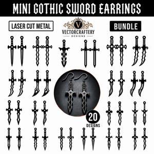 Puede incluir: Una colección de veinte pares de pendientes de metal negro cortado con láser en forma de espadas en miniatura. La muestra presenta varios estilos de hoja, incluyendo bordes rectos, curvos y dentados, con un recuadro circular central.