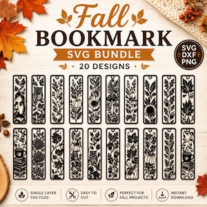 Puede incluir: Una colección digital de 20 diseños de marcapáginas en blanco y negro con ilustraciones de temática otoñal como calabazas, búhos, setas, girasoles y hojas. El texto dice Fall BOOKMARK SVG BUNDLE 20 DESIGNS SVG DXF PNG.