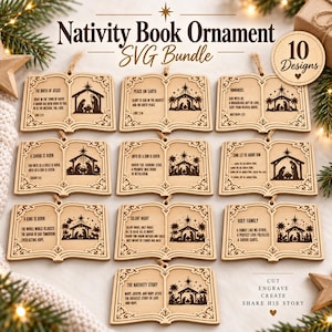 May include: A collection of ten wooden book-shaped ornaments featuring laser-engraved nativity scenes and religious text. Each ornament includes a hanging loop and intricate decorative borders, presented as a digital SVG bundle for crafting.
