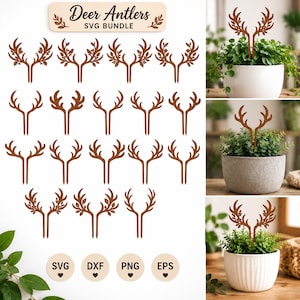 Puede incluir: Una colección digital de diseños de astas de ciervo marrones etiquetada como Deer Antlers SVG BUNDLE, con varios motivos de ramas y flores. El conjunto incluye formatos de archivo SVG, DXF, PNG y EPS, mostrados como adornos para plantas.