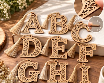 Personalized Bookmark SVG Bundle, Floral Alphabet Letter SVG, Laser Cut Files, Wooden Initials, Decorative Letter DXF, Cricut Silhouette