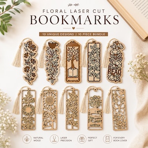 May include: A set of ten laser-cut wooden bookmarks featuring intricate floral, tree, and book designs. Each rectangular bookmark includes a cream-colored tassel attached to the top. The text "FLORAL LASER CUT BOOKMARKS" and "10 UNIQUE DESIGNS | 10 PIECE BUNDLE" is printed above the items.
