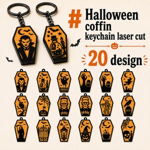 May include: A collection of twenty coffin-shaped keychains featuring orange and black laser-cut designs including vampires, ghosts, pumpkins, and skeletons. The text reads # Halloween coffin keychain laser cut 20 design with a pumpkin icon.