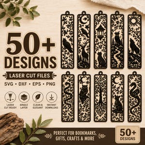May include: A collection of 50+ laser cut bookmark designs in SVG, DXF, EPS, and PNG formats. The rectangular black cutouts feature intricate nature-themed silhouettes including animals, trees, moons, and dragons, each with a small hole at the top.