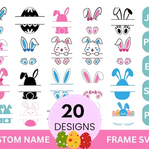 Könnte beinhalten: Ein digitales Design-Set mit 20 Designs zum Thema Ostern. Die Designs umfassen Hasenohren, Eier und Hasen mit Platz für individuelle Namen. Das Bild enthält auch Dateityp-Symbole für JPG, PNG, EPS, SVG und PDF.