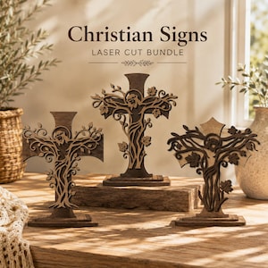 Puede incluir: Tres cruces de madera de color marrón oscuro con diseños cortados con láser de Jesús y follaje tipo enredadera. El texto "Christian Signs LASER CUT BUNDLE" aparece sobre las cruces. Cada cruz está montada sobre una base de madera rectangular.