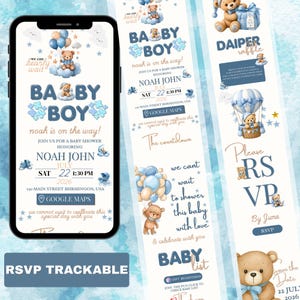 Pode incluir: Um convite digital para chá de bebê exibido em uma tela de smartphone e painéis verticais, com tema de ursinho de pelúcia, balões azuis, nuvens e estrelas. O texto inclui Baby Boy, Noah John, 22 de julho de 2026 e detalhes de RSVP.