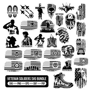 May include: A collection of black and white veteran-themed SVG graphics. Includes silhouettes of soldiers, American flags, eagles, boots, and military symbols. The text "VETERAN" and "VETERANS" is present in several designs. The bundle also includes file formats: SVG, PNG, EPS, DXF, and PDF.