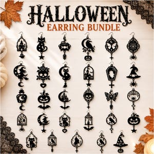 May include: A collection of black Halloween-themed earrings featuring various designs including cats, witches, skulls, pumpkins, ghosts, bats, spiders, and haunted houses. The text HALLOWEEN EARRING BUNDLE is displayed at the top of the image.