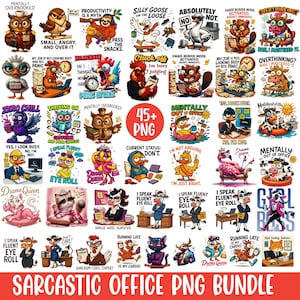 Puede incluir: Un conjunto de 45+ imágenes PNG con diseños humorísticos con temática de oficina. Las imágenes presentan varios animales en entornos de oficina, con texto como "Drama Queen", "Sarcastic Office" y "Mentally Overbooked".
