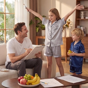 Op de afbeelding: Een gezinsscene met een vader die schetst in een notitieboekje terwijl twee kinderen bijpassende pyjamasets dragen. De pyjama's van het meisje zijn lichtgrijs en die van de jongen marineblauw. Een fruitschaal staat op een salontafel.