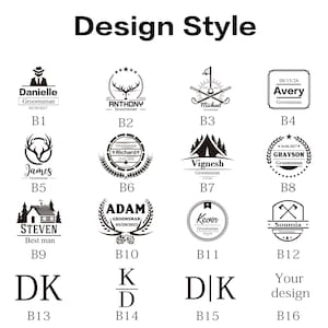 May include: A graphic featuring various design styles for personalized items. The designs include text and illustrations such as deer antlers, golf clubs, and initials. The text includes names, dates, and titles like "Groomsman" and "Best man."