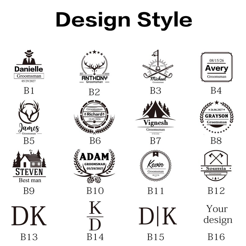 May include: A graphic featuring various design styles for personalized items. The designs include text and illustrations such as deer antlers, golf clubs, and initials. The text includes names, dates, and titles like "Groomsman" and "Best man."