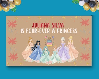 Four-Ever Princess Birthday Banner, Editable Canva Template (Digital Download)