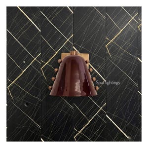Burgundy Bold Cone Brass Wall Sconce Wine Shade with Rivet Accents – Handcrafted Mid-Century Wall Lamp