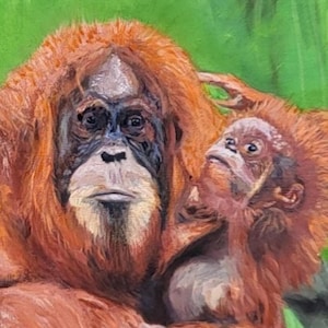 Orangutan Mother and Baby Wall Art Print Wildlife Painting Emotional Animal Portrait Modern Nature Decor A3 A2 A1 A0