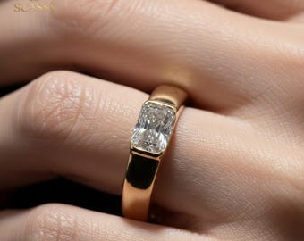 Lab Diamond East West Solitaire Ring – Minimalist Half Bezel Engagement Wedding Band