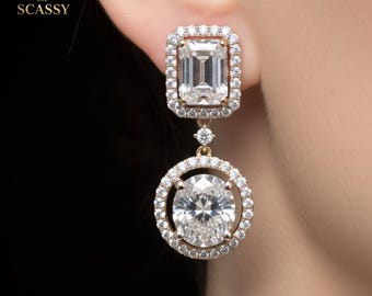 IGI Certified Emerald and Round Drop Earrings, Lab-Grown Diamond Moissanite Bridal Statement Jewelry
