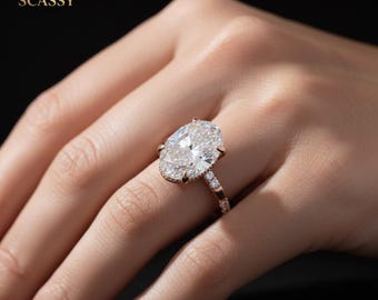 Oval Lab Diamond Solitier Ring, Solid Gold Hidden Halo for engagement