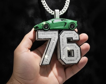 Custom 76 Number Car Pendant, Iced Out Hip Hop Jewelry, Sterling Silver or Gold