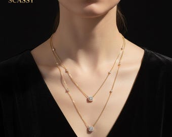 Gold Bezel Lab Grown Diamond Necklace Set, Delicate Layered Chain with Stud Earrings