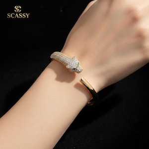 Panther Head Diamond Bracelet, Iced Out Gold Bangle, Emerald Eye Luxury Jewelry
