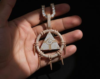 Iced Out Pyramid Eye Pendant, Hip Hop Statement Necklace, Moissanite Custom Jewelry