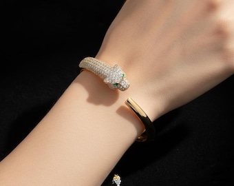 Panther Head Diamond Bracelet, Iced Out Gold Bangle, Emerald Eye Luxury Jewelry