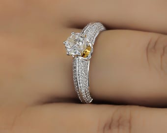 Round Cut Engagement Ring, Pave Band, Lab Grown Solitaire, Unique Bridal Jewelry