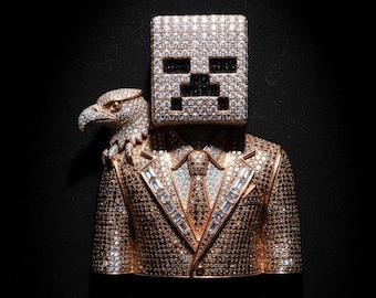 Iced Out Minecraft Style Head Pendant with Eagle, Hip Hop Statement Jewelry, Sterling Silver or Solid Gold