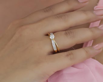 Round Solitaire Engagement, 14K Gold Crossover Design, Pave Band, Lab Grown, Promise Jewelry