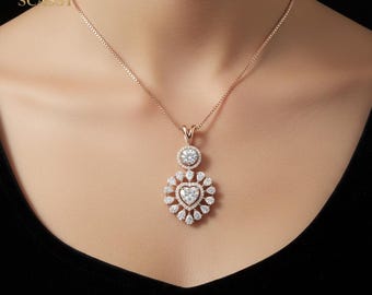 Heart Shape Lab Grown Diamond Halo Pendant Necklace | Solid Gold, Sterling Silver, Wedding Jewelry