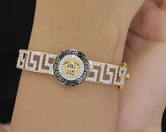 Luxury Greek Key Diamond Bracelet with Medusa Inspired Center – Iced Out Statement Jewelry