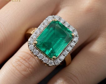 6CT Emerald Cut Lab Grown Diamond Halo Ring, 14K Gold Statement Jewelry