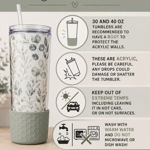 May include: An acrylic tumbler with a green eucalyptus leaf pattern and a sage green silicone honeycomb boot. The image includes care instructions: use a boot for protection, avoid drops, keep away from extreme heat, and hand wash only.