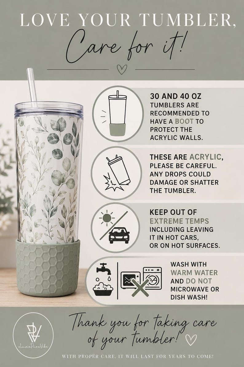 May include: An acrylic tumbler with a green eucalyptus leaf pattern and a sage green silicone honeycomb boot. The image includes care instructions: use a boot for protection, avoid drops, keep away from extreme heat, and hand wash only.