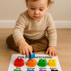 May include: A child playing with a color matching game. The game board features colorful blocks labeled with colors like red, blue, and yellow. The child is holding a blue block, focusing on the game. The text "COLOR MATCHING" is visible on the board.