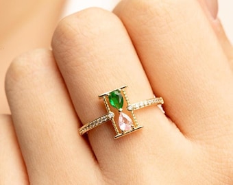 Birthstone Hourglass Ring – Personalized Two-Stone CZ, Couple & Mother-Daughter Jewelry, 18K Gold Plated, Anniversary, Valentine's Day gift