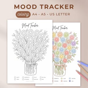Puede incluir: Dos imprimibles de seguimiento del estado de ánimo con diseños florales. Uno es una página para colorear en blanco y negro, el otro es una versión en color. Ambos presentan un jarrón de flores y círculos de control del estado de ánimo. El texto incluye "Mood Tracker" y "Descarga instantánea".